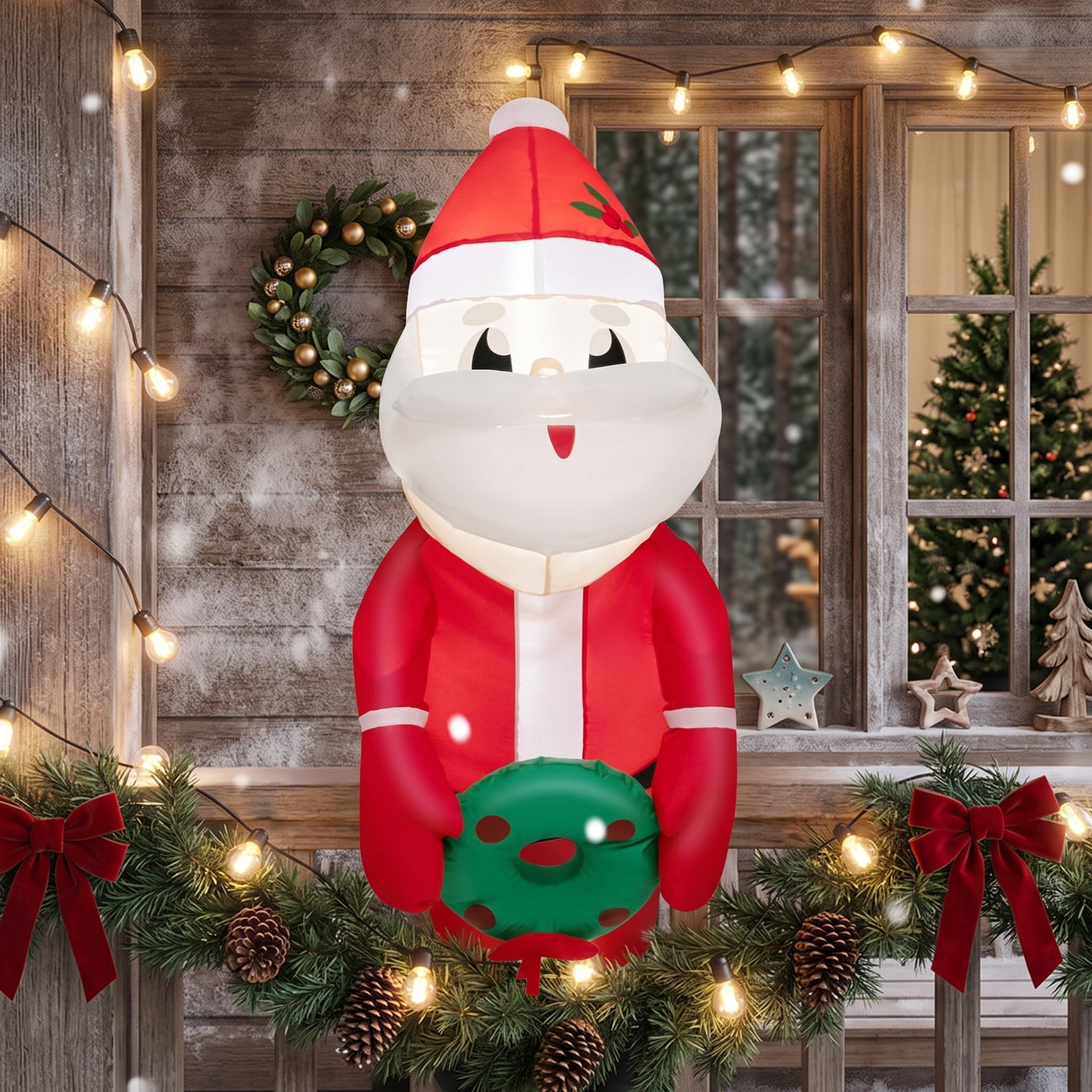 RUIE 3.3 FT Lighted Christmas Inflatable Santa Claus Broke Out from Window LED Blow Up Holiday Yard Decoration Indoor Outdoor Xmas Decor, Red