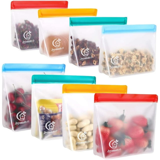 Joyoldelf Sacs à Sandwich Réutilisables avec Conception Autoportante pour Plancher, Ensemble de 8 Sacs de Rangement Alimentaires Réutilisables en PEVA, Sacs Ziploc Verticaux Étanches, Sacs de Congélation à Fermeture Hermétique pour Fruits, Légumes, Collations, Viande