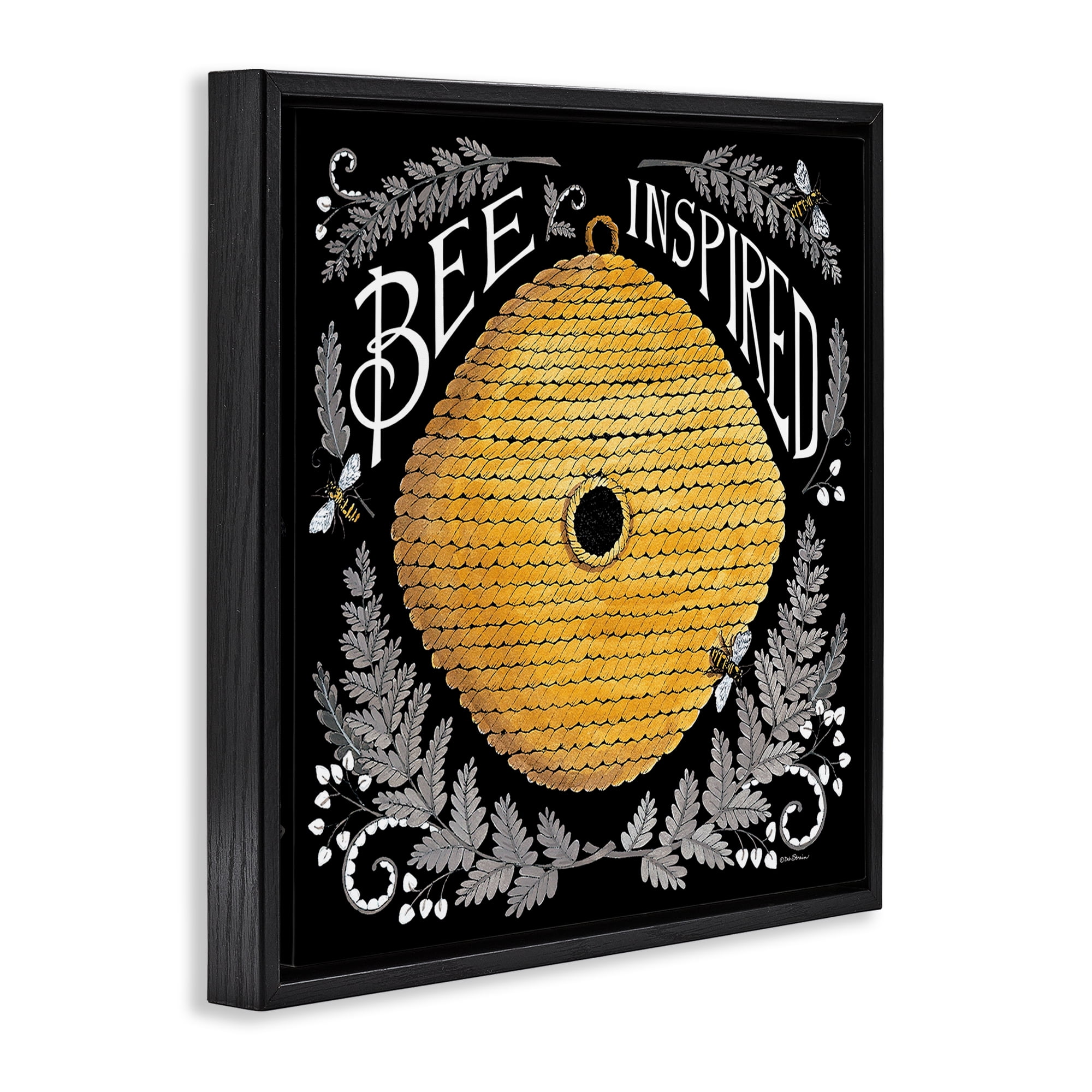 Stupell Industries Bee Inspired with Hive Plants & Flowers Painting Black Floater Framed Canvas Art Print Wall Art, 25 x 25