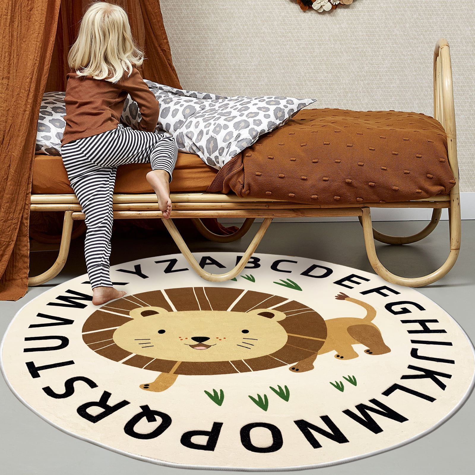 LANPEI Kids Rug Lion Jungle Animal Play Mat 4Ft Round ABC Alphabet Area Rug Circle Boys Girls Bedroom Rug Floor Carpet Playroom Rug Nonslip Crawling Nursery Rug for Children Room, Waking