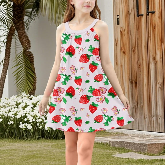 HOMADLES Summer Teen Girls Dress Crewneck Print Stretch Soft Crewneck Strap Sleeveless Lightweight Casual Dress Red 5 T