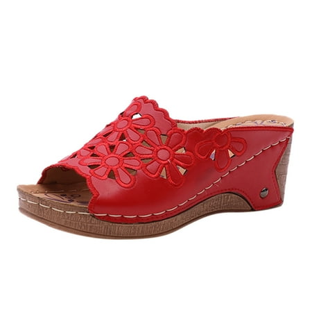 

Platform Wedges Mule Mid Heel Sandals-HSMQHJWE Women s Peep Toe Slip On Heeled Sandals Flip Flop Summer Slide Slippers（Red，6）