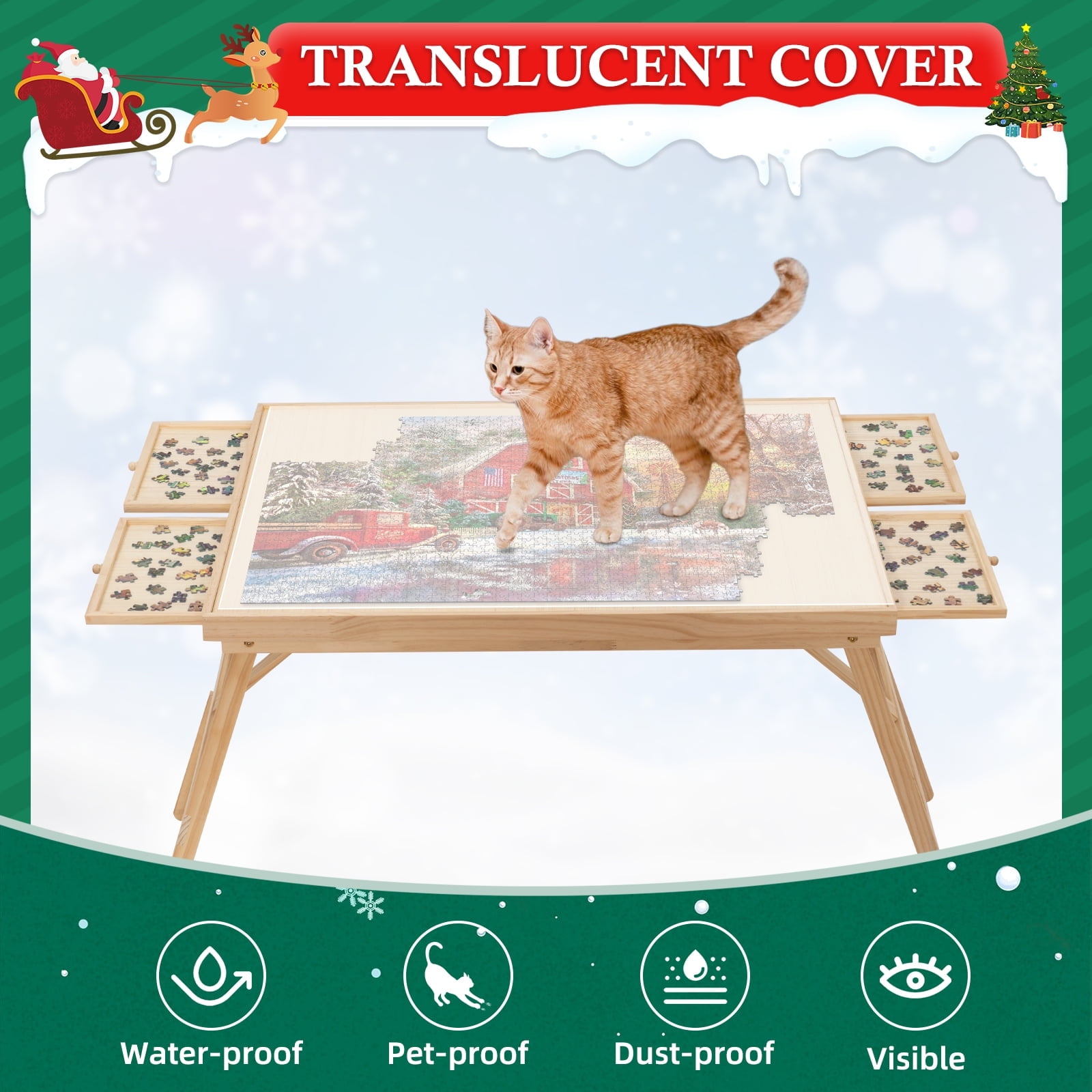 Jolicasa 27.6"H Wooden Puzzle Table for Adults,1500PCS Jigsaw Puzzle Board with 4 Sorting Drawers and Translucent Cover