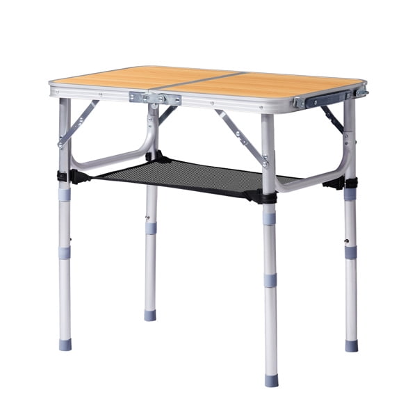 Folding Camping Table, Wooden Pattern, 3 Adjustable Heights, Aluminum Frame, Mesh Shelf, 110lb Capacity for Camping/Picnics/Beach/Patio