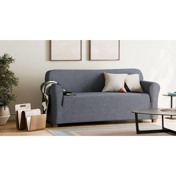 SmartFit Housse de canapé extensible en chenille en tissu recyclé avec tissu performant, housse de meuble 1 pièce, bleu Housse en tissu