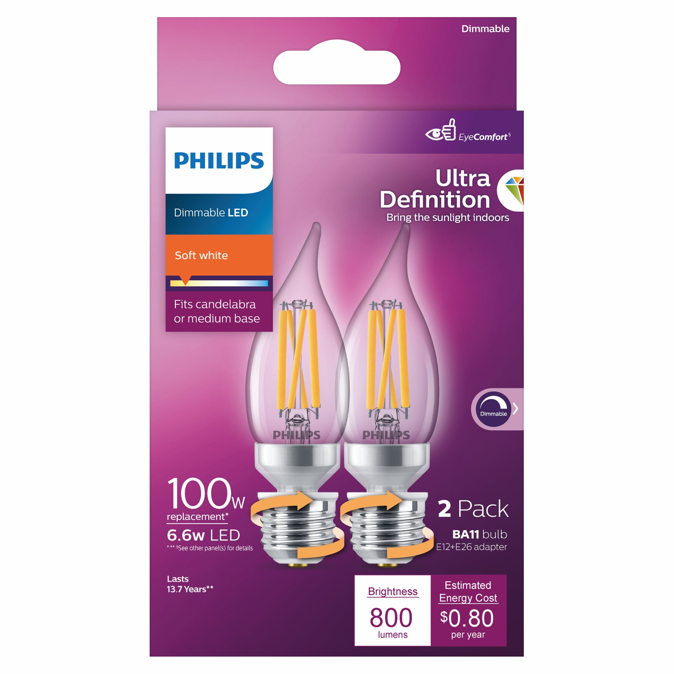Middellandse Zee Bewustzijn bedriegen Philips Ultra Definition LED 100-Watt BA11 Filament Candle Light Bulb, Soft  White, Dimmable, E26 Medium Base (2-Pack) - Walmart.com
