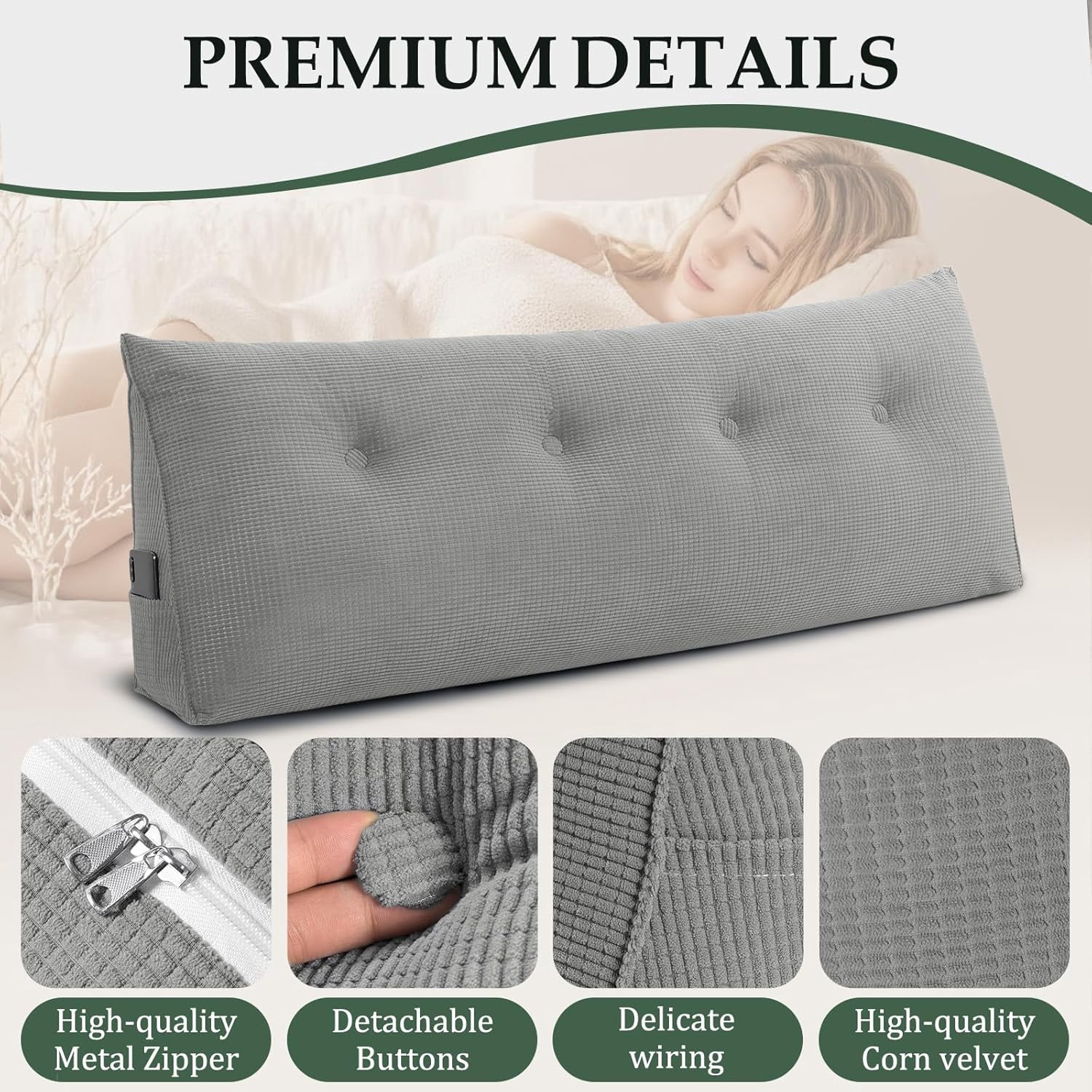 Soft Headboard Pillow Full Size, Wall Backrest Wedge Pillow Headboard Full, Reading Backboard Pillows, Large Dorm Daybed Bolster Pillows for Back Support with Removable Cover, Gray
