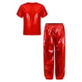 thumbnail image 2 of iiniim Girls Boys Hip Hop Jazz Dance Outfit Metallic Sparkly 2 Piece Short Sleeve T-Shirt and Shiny Pants Set Red 140, 2 of 7
