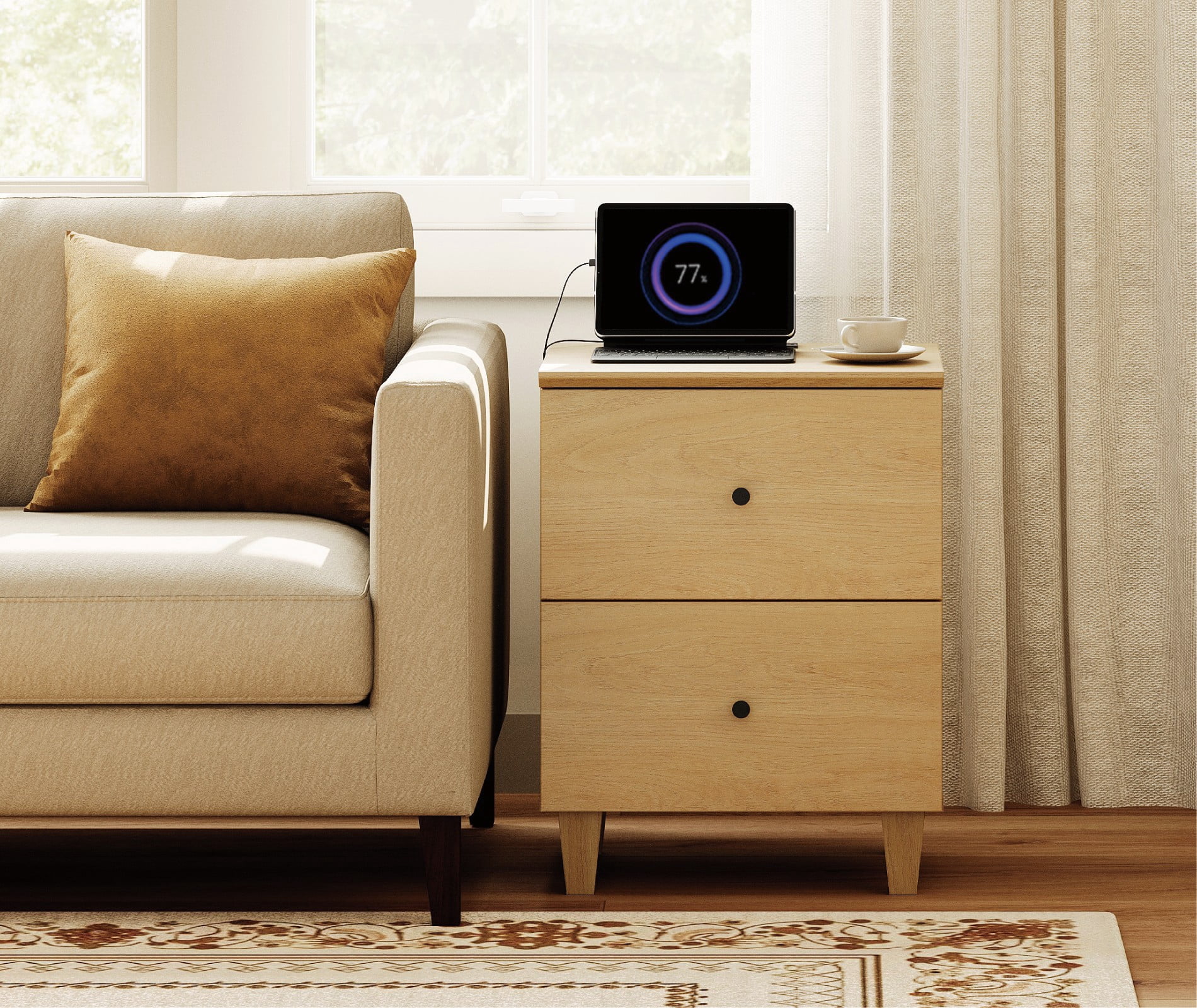 Modern End Table with Charging Station, Wooden Side Table with 2 Storage Drawers, Small Nightstand for Living Room, Oak Wood