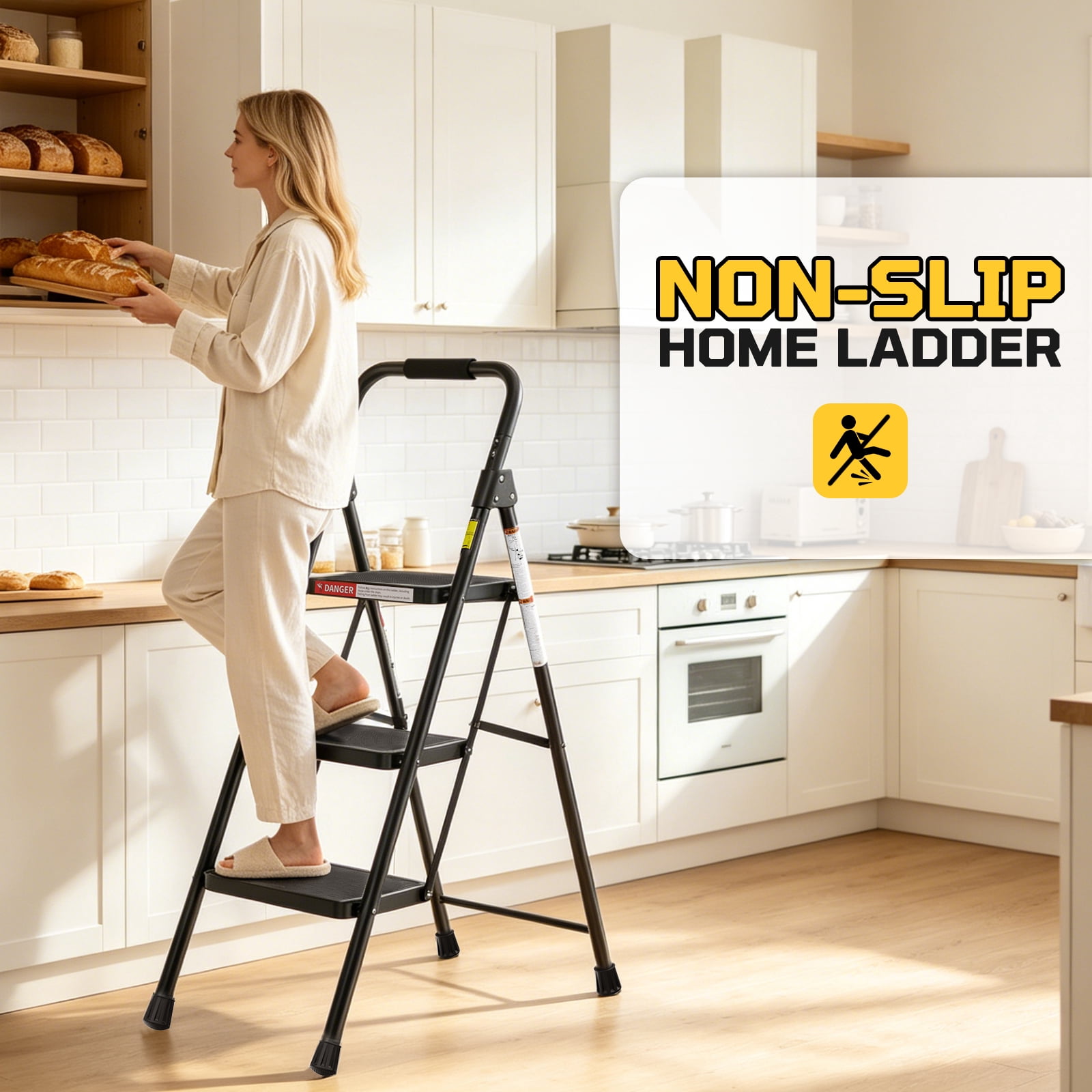 ASoopher 3 Step Ladder with Anti-Slip Pedal, Sturdy Steel Step Stool for Kitchen, Black