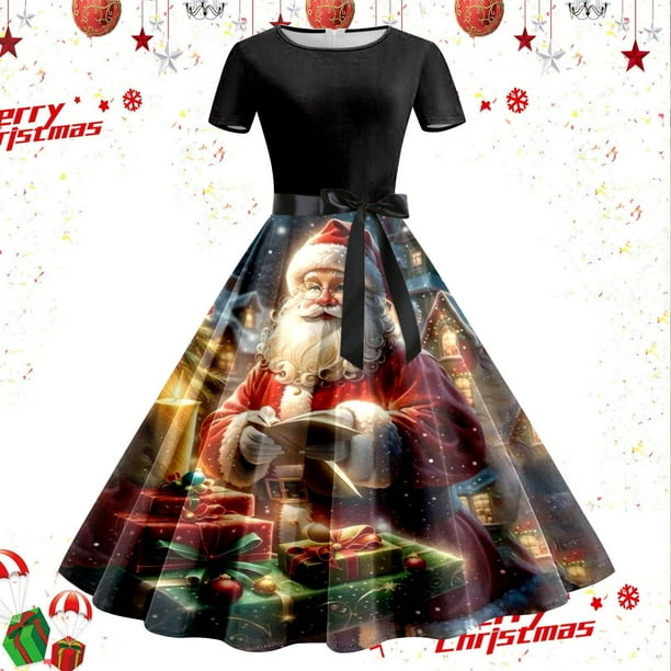 Vestidos de Mujer Vestido de Fiesta de Noche de Manga Corta Con Estampado Navideño de Los Años 50