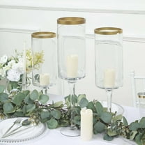 Efavormart Set Of 3 | Clear Gold Rimmed Long Stem Glass Hurricane Candle Holders, Cylindrical Pedestal Flower Vases - 16", 18", 20"