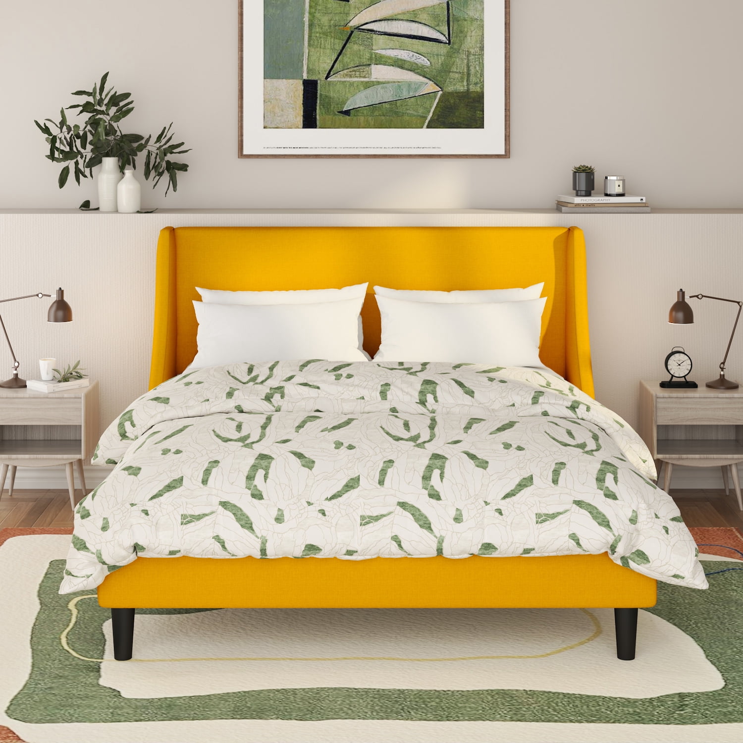 SHA CERLIN Queen Size Upholstered Platform Bed Frame with Wingback Headboard, Yellow, Adults