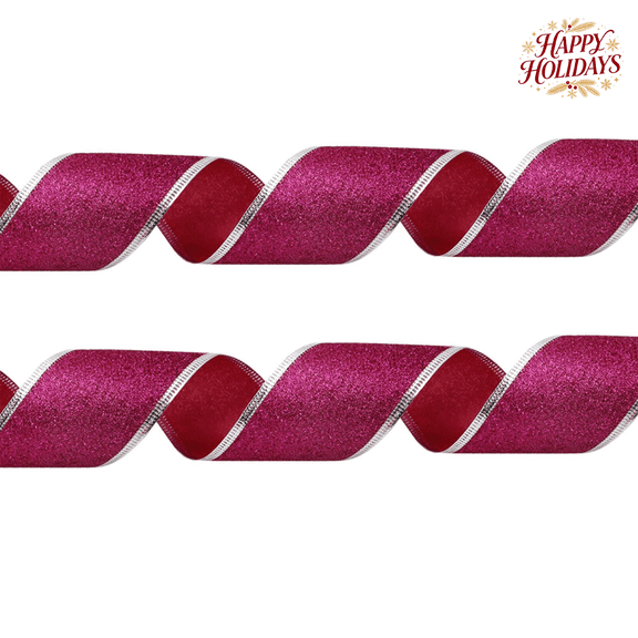 Festive Hot Pink Glitter Mesh Christmas Ribbon 2.19 Yards x 1.97 Inches Wired Edge for Xmas Tree Wreath Gift Wrapping Holiday Party Home Decorations DIY Craft Supplies