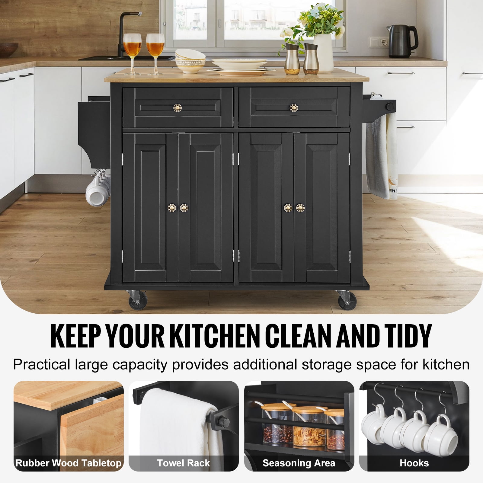 KFFKFF Mobile Kitchen Island, 43" Wooden Surface, Equipped with Cabinet Storage, Extendable Table, Spice Holder, Towel Handle, Single Drawer, and Hooks, Easy-to-Move Casters, in Black