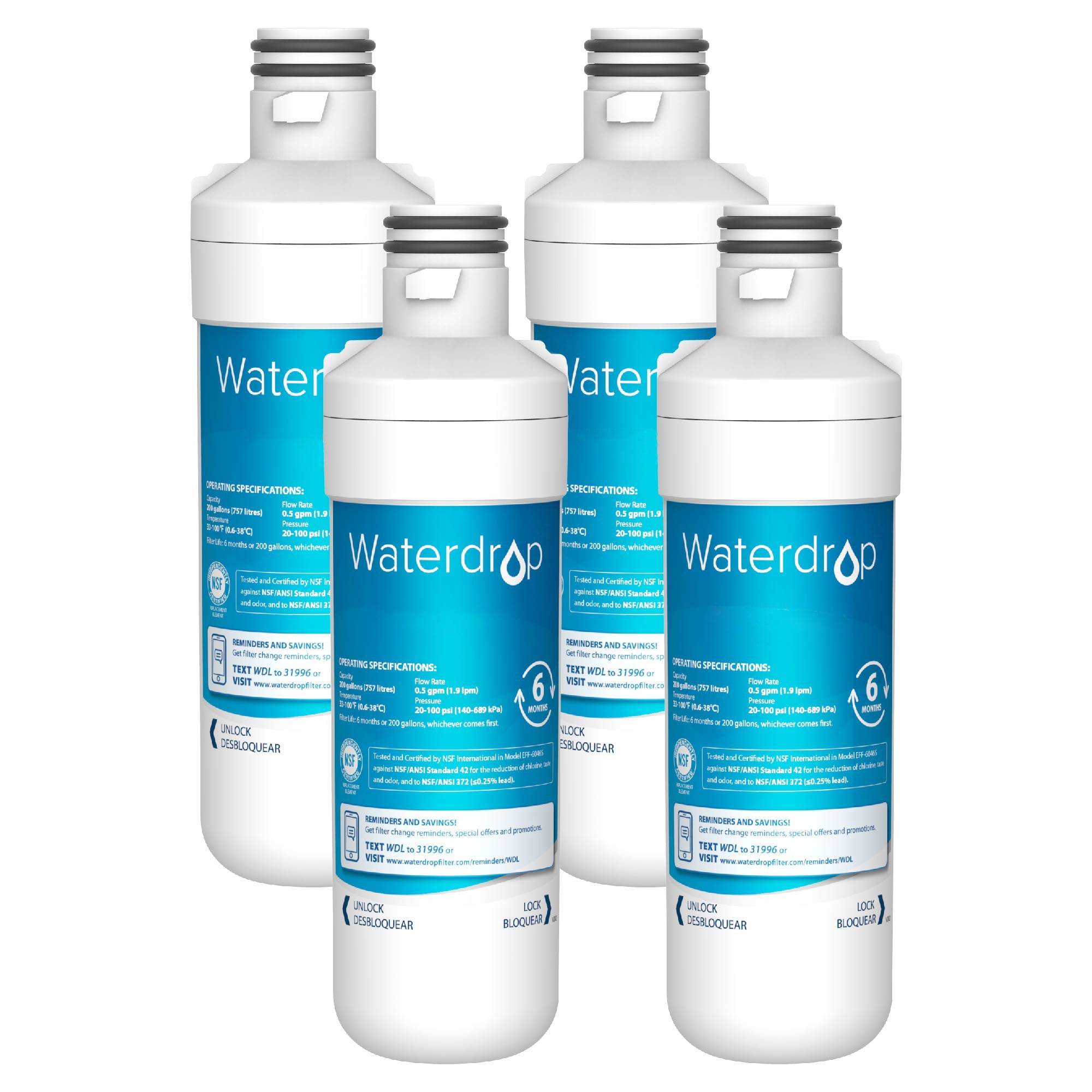 Waterdrop LT1000PC ADQ747935 MDJ64844601 Refrigerator Water Filter, Replacement for LG® LT1000P®, ADQ74793501, ADQ74793502, Kenmore 46-9980, 9980, LFXC24796S, LSFXC2496D, NSF Certified, Pack of 4