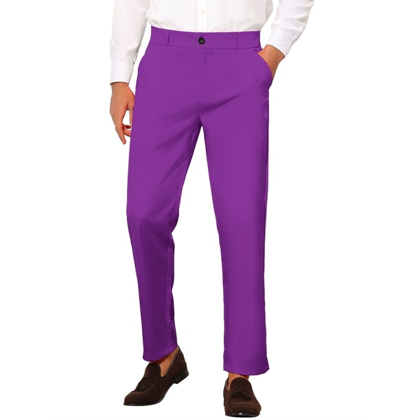 Pantalones de negocios de corte slim fit para hombre, planos y de color sólido, 38 púrpura