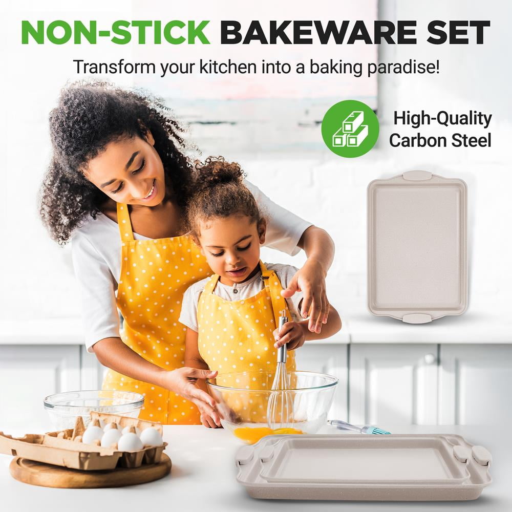 3 Piece Non-Stick Cookie Sheet Tray Set with Silicone Handles for Baking (Cream Marble)