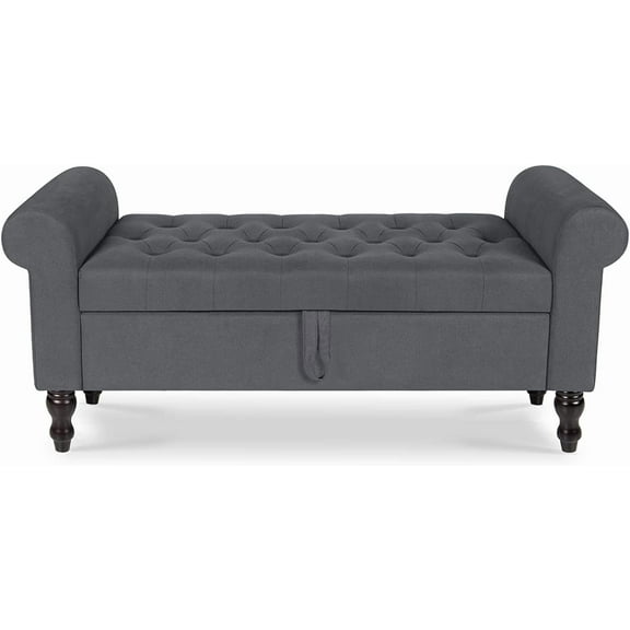 Storage Bench with Upholstered Rolled Arm Ottoman Bench Couch w/ Solid Wood Legs for Bedroom End of Bed,and Living room,Gray