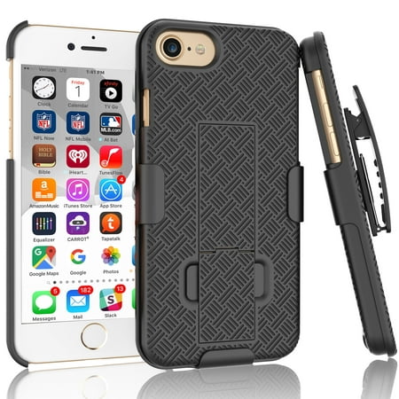 iPhone 7 Case, iPhone 8 Holster Clip, Tekcoo [Tstraw] Shock Absorbing Hard Shell [Built-in Kickstand] Swivel Locking Belt Armor Best Impact Defender Secure Slim Cases Cover Black