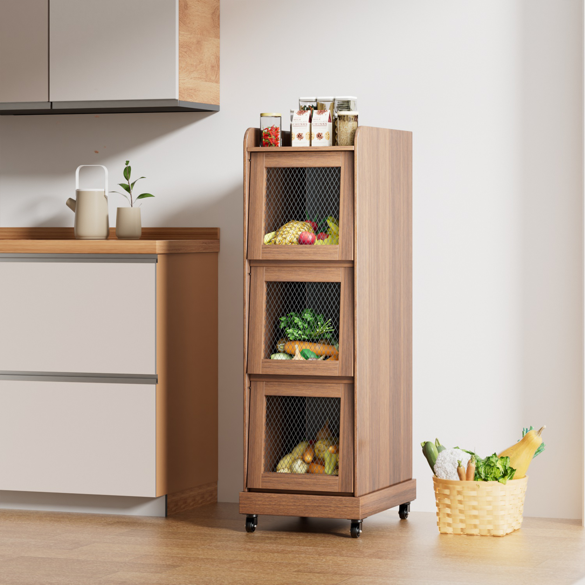 Food Small Kitchen Pantry Cabinet Wood Potato Storage Bins Farmhouse modern Fruit and Vegetable Box with Wheels for Kitchen Dining Room Living Room