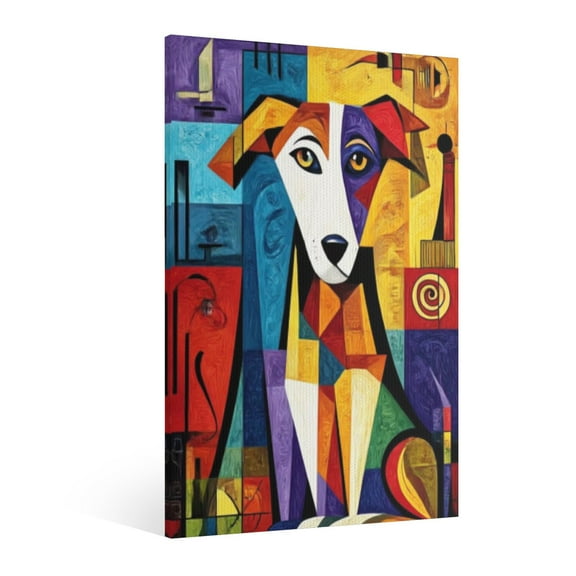 Abstract Colorful Dog Framed Wall Art Canvas, Modern Cubist Animal Painting Decorative Wall Artwork for Living Room, Bedroom, Office