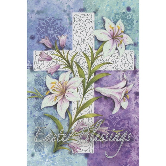 Pictura Easter Blessings: White Cross with Silver Swirls and Lilies on Blue and Purple Religious Easter Card