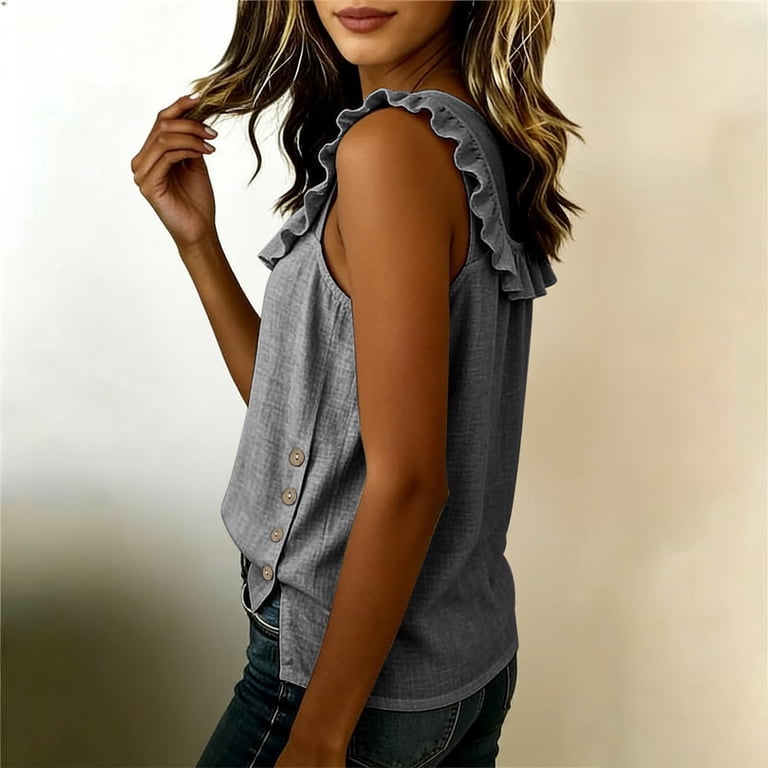Bbyeadc Linen Tank Tops for Women Sleeveless Ruffle Scoop Neck