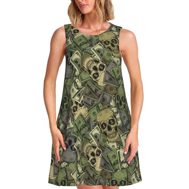 Balery Green Skulls Vestidos de verano para mujer con estampado: vestido holgado sin mangas, vestido playero informal y cómodo para días calurosos.