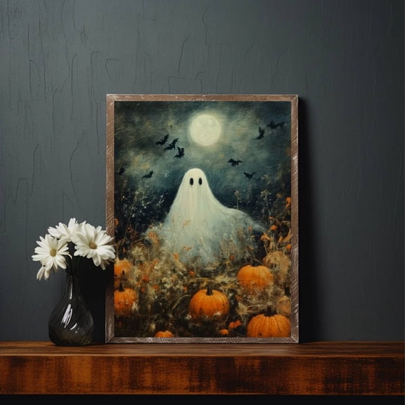 Halloween Vintage Canvas Wall Art - Ghost in the Pumpkin Field Painting - Cute Halloween Decor - 20x16 inch Unframed