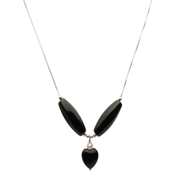 Floating Faceted Tube Heart Black Onyx Beads Sterling Silver Box Chain Necklace Adjustable 20"