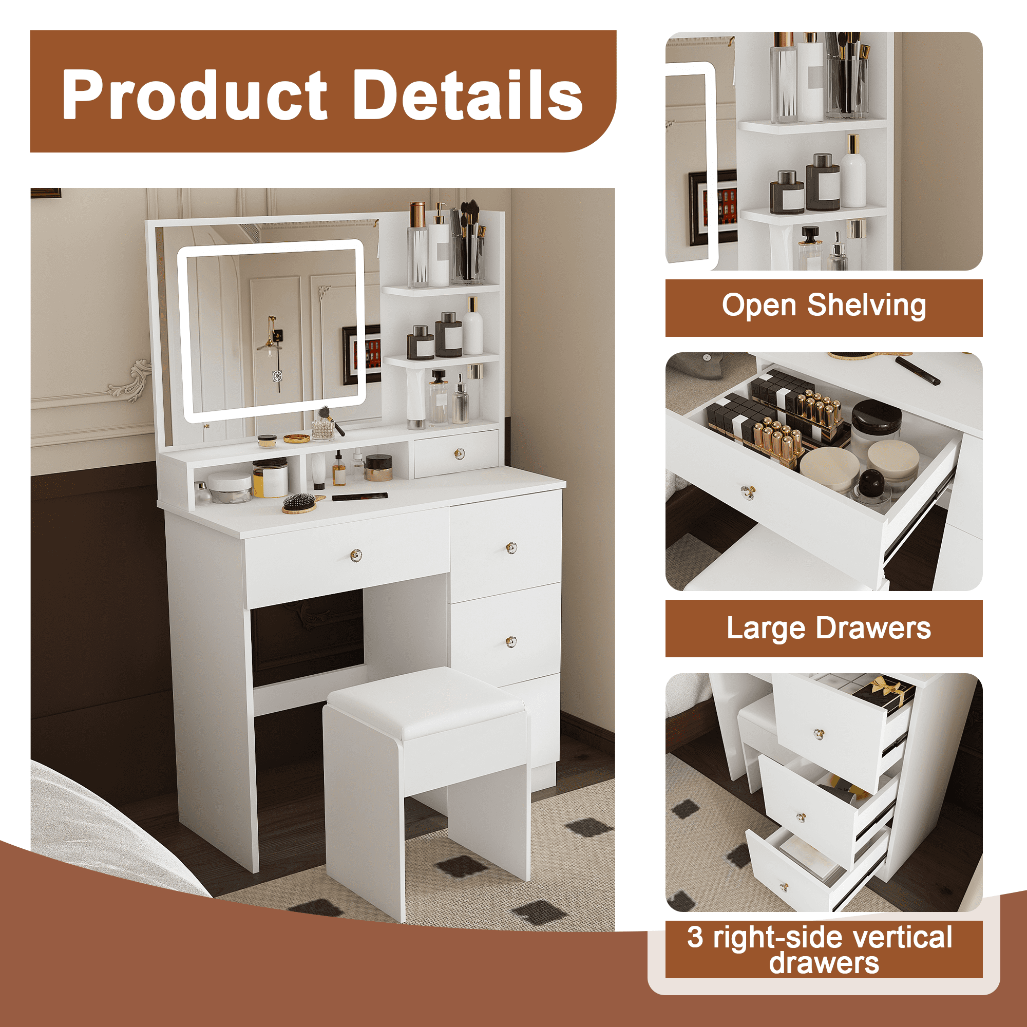 Mintazer Dressing Table with LED Lighted Mirror & 5 Drawers, Makeup Vanity Desk with Open Storage Shelf & Cushioned Stool for Bedroom Apartments, White