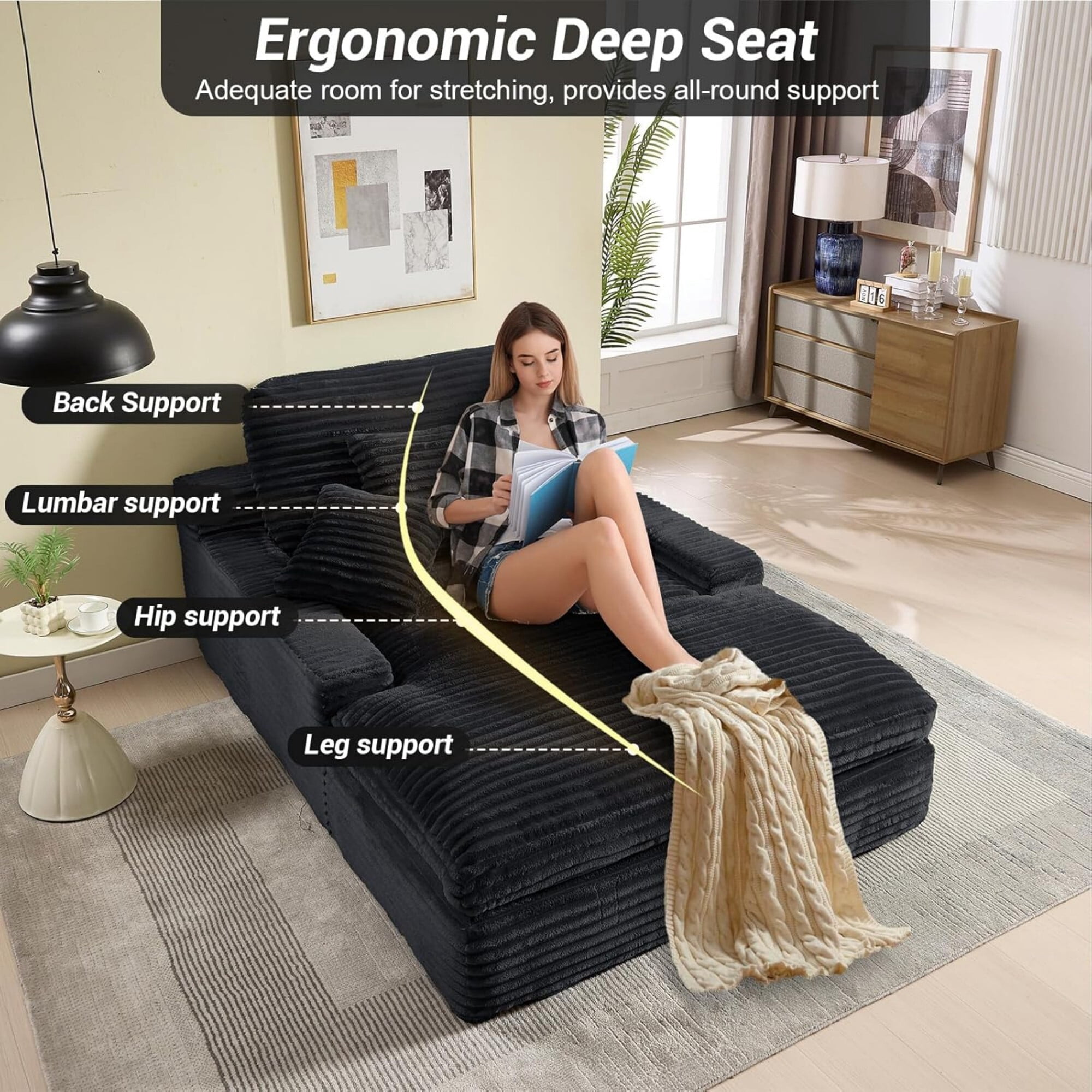 DEALTOPS Oversized Corduroy Chaise Lounge Sofa, 75.2" Upholstered Couch with Pillows for Living Room & Bedroom, Black