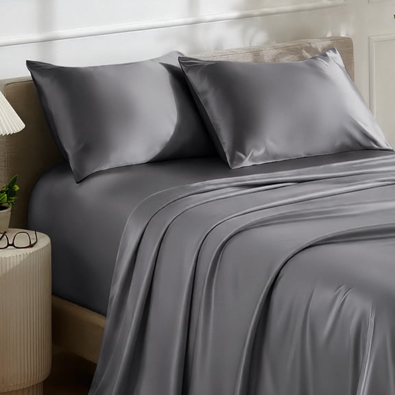 Bare Home Luxury Poly Satin Sheet Set for Hair and Skin, 15” Deep Pockets, Queen, Gray