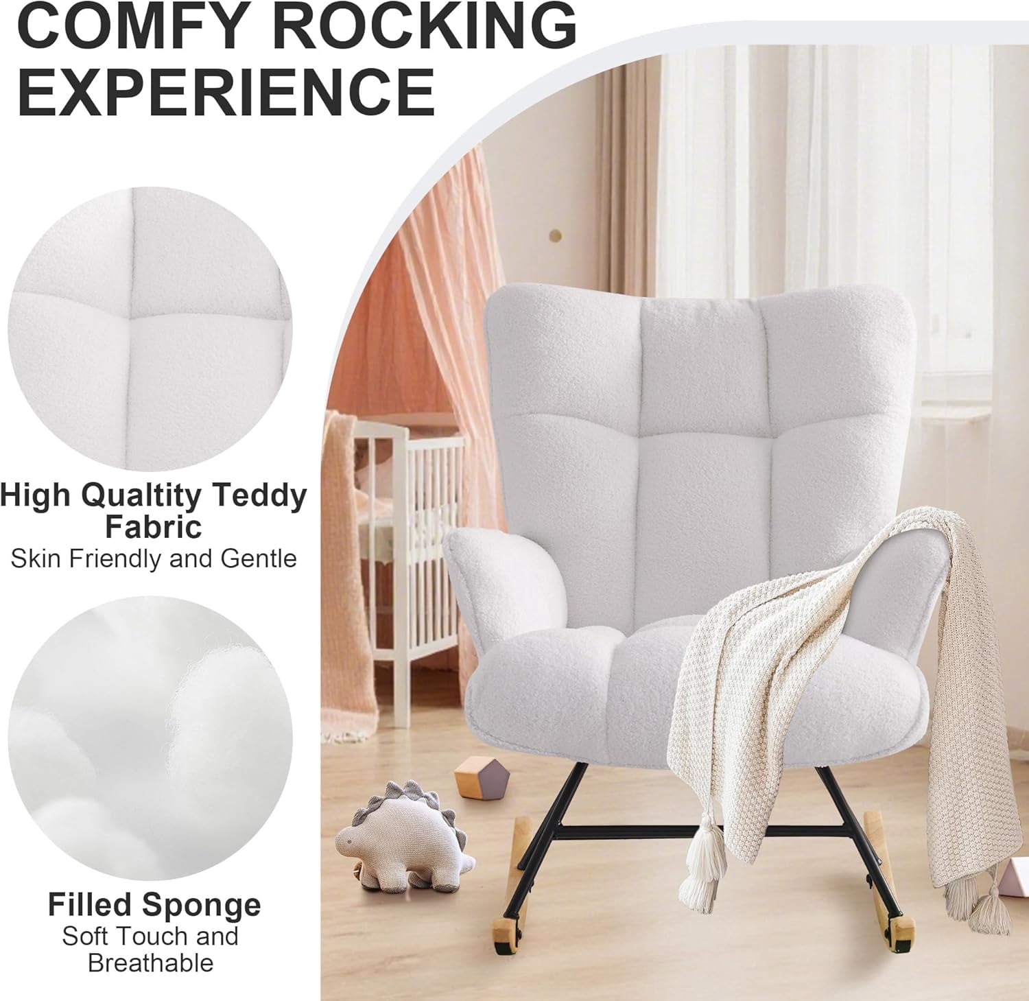 QuzyAor Teddy Fabric Nursery Glider Rocking Chair,Soft Upholstered Chair with Optional Footrest & Headrest for Baby Nursery Living Room,Ivory