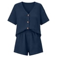 thumbnail image 5 of AKOEE Linen Outfits Women Summer 2 Piece Shorts Set Button Up Short Sleeve Top High Waist Matching Shorts Outfit (M, Navy), 5 of 8