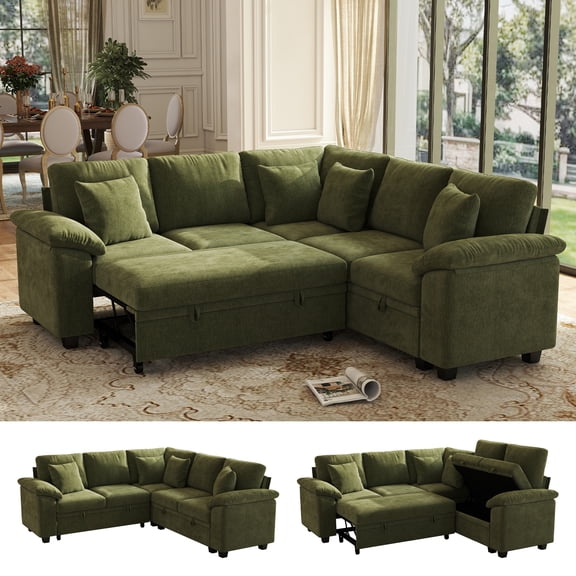 Hombryzy 86" Chenille Sectional Sleeper Sofa Bed with Storage, V Shaped Sofa, Modern Convertible Pull Out Couch Bed for Living Room,Green