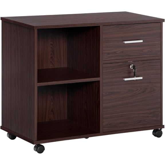 FASCK Lateral File Cabinet with Wheels, Mobile Printer Stand with Open Shelves and Drawers for A4 Size Documents, Walnut