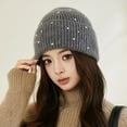 thumbnail image 6 of Kripyery Fall Winter Women Beanie Thickened Knitted Rhinestone Decor Soft Warm Elastic No Brim Solid Color Anti-slip Windproof Lady Dome Cap, 6 of 8