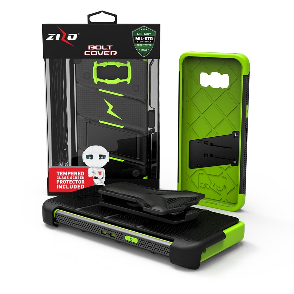ZIZO BOLT Series for Samsung Galaxy S8 Case Military Grade Drop Tested with Tempered Glass Screen Protector, Holster BLACK NEON GREEN