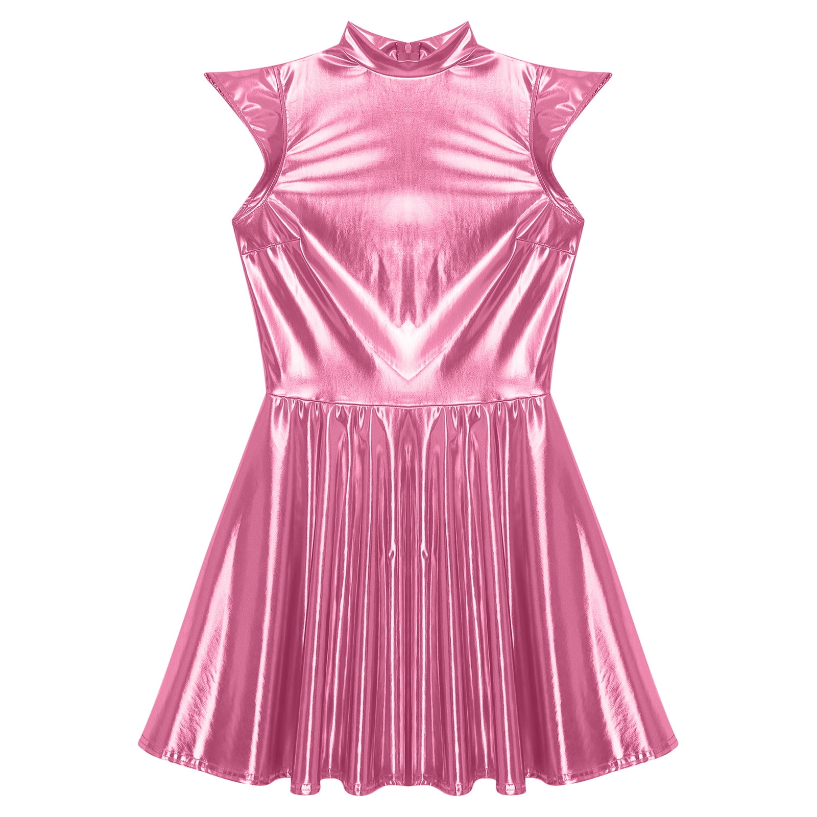iiniim Women Shiny Metallic Holographic High Waisted Flare Skater Dress Carnival Party Pink L