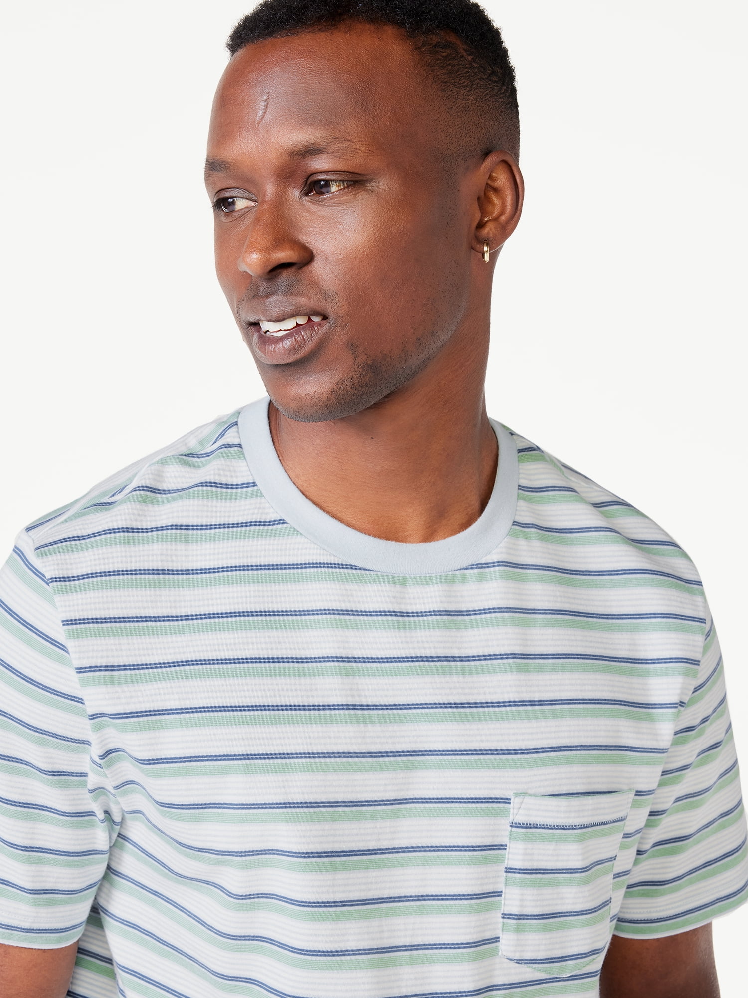 Free Assembly Men's Variegated Stripe Pocket Tee with Short Sleeves