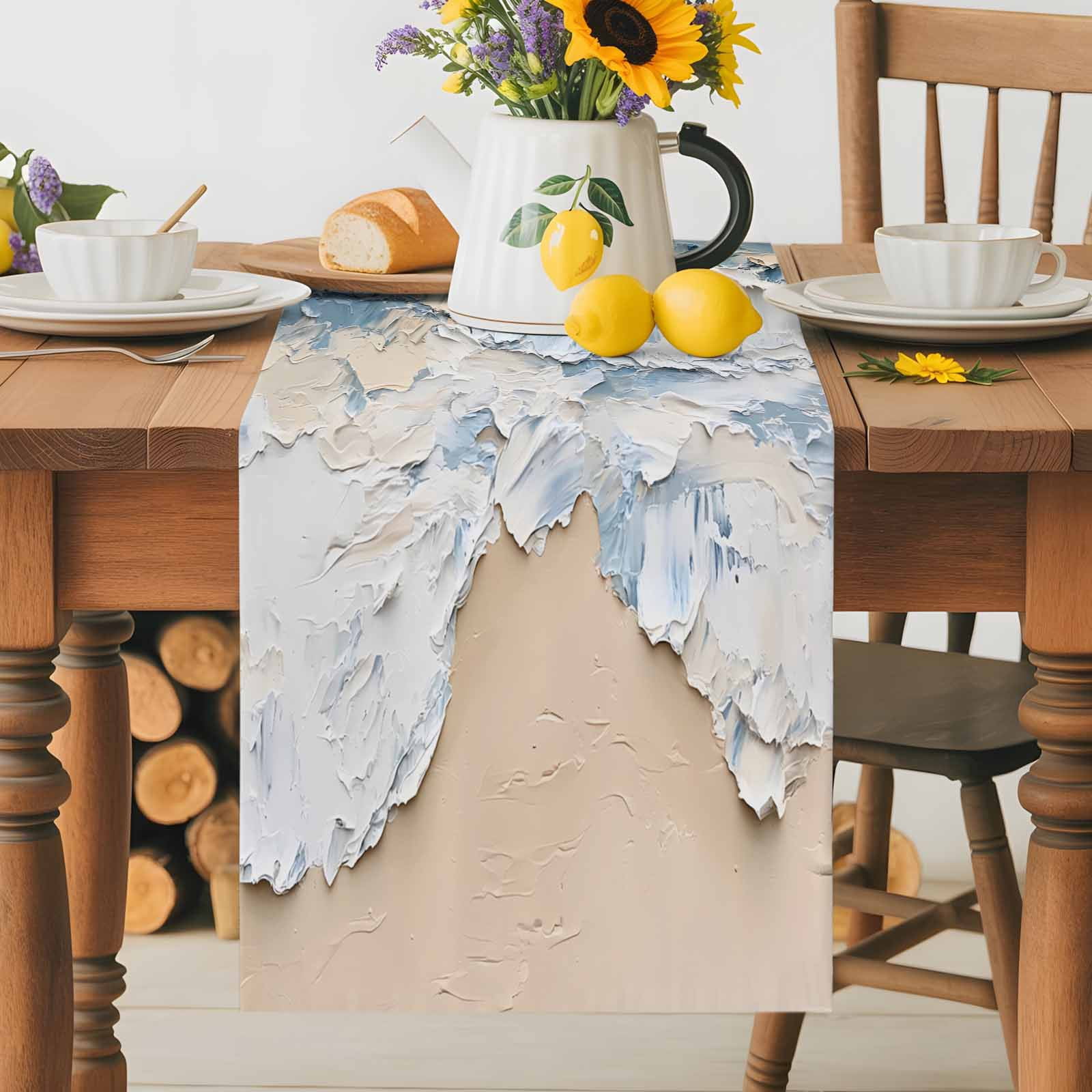 Blue White Coastal Beach Waves Table Runner 90 Inches Long, Abstract Art Table Runners Tabletop Scarf Kitchen Dining Tables Decoration for Home Party Indoor Outdoor