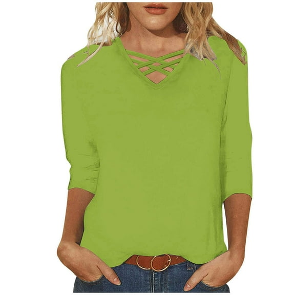 Oalirro 3/4 Length T-Shirt for Women Casual Criss Cross Crew Neck Blouse Loose Solid Color Basic Tees
