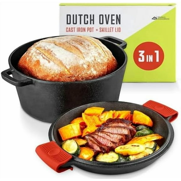 3-in-1 Dutch Oven & Skillet Combo, Preseasoned Cast Iron Cookware Set, 3.2QT Dutch Oven, 1.6QT Skillet with Lid, Versatile Pots and Pans for Camping & Home Cooking