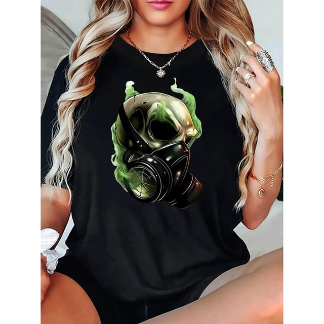 Creative Skull-Patterned Anti-Virus Mask, Women'S Stylish Round-Neck Short-Sleeve T-Shirt, Simple And Casual Sports Tee, Comfortable Summer Top for Holidays.