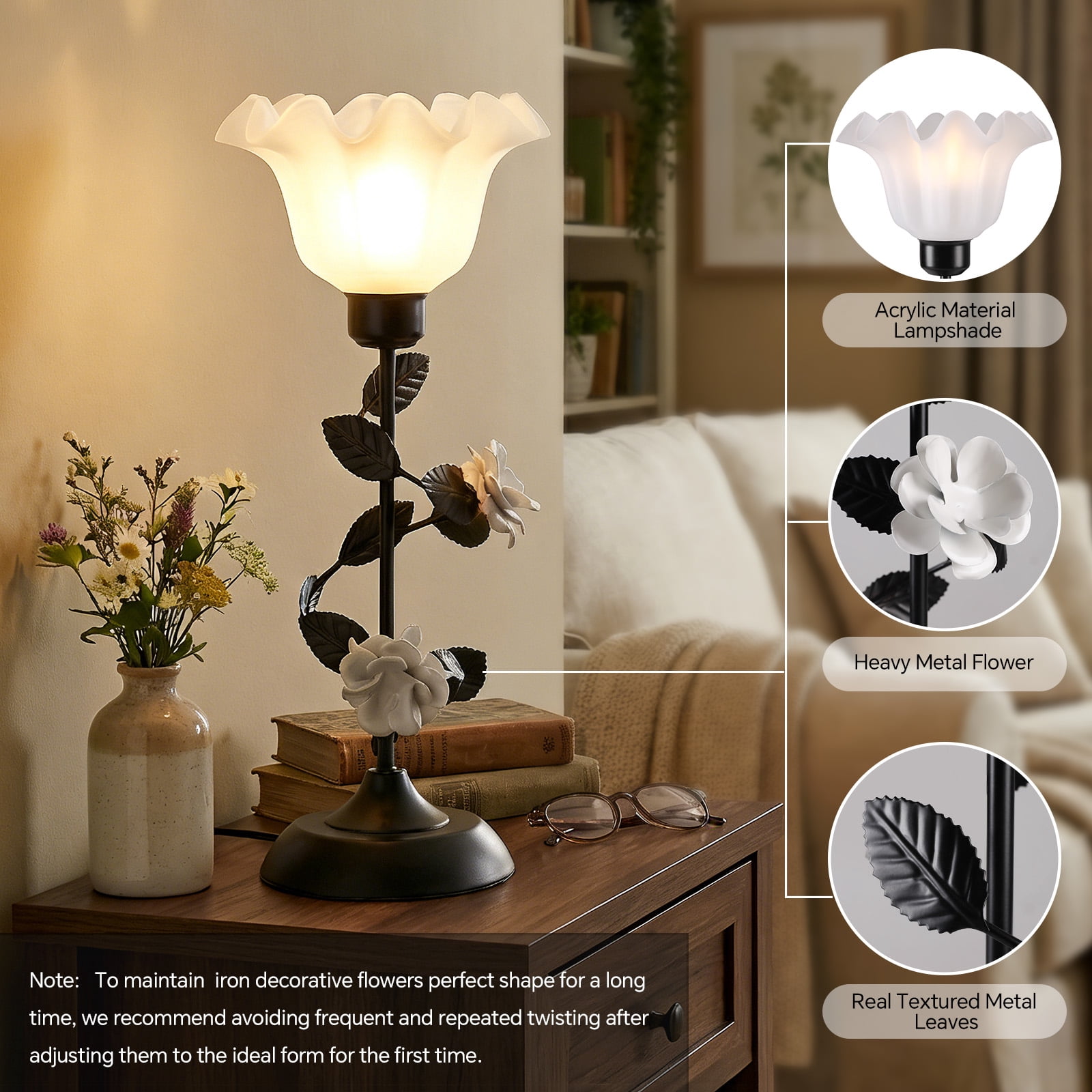 SUNMORY 17.72” Table Lamp Set of 2, Elegant Rose Lamps with 3 Color Temperature, Table Lamps for Living Room, Bedside Nightstands Lamps for Bedroom, Metal Flower Design & Sturdy Base, Black