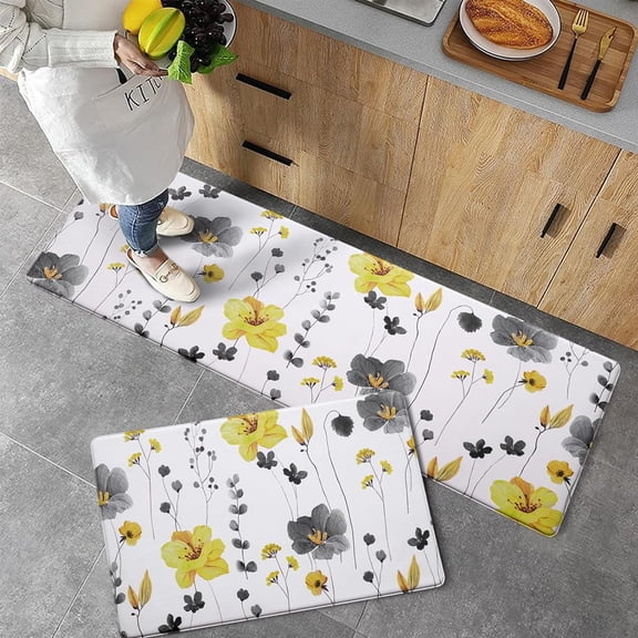 Kitchen Rugs Non Slip Washable Anti Fatigue Kitchen Mats for Floor Watercolor Floral Kitchen Rugs and Mats,Yellow & Gray PVC Standing Rugs for Kitchen Floor, Office, Sink 18''''x30'''' 18''''x48''''