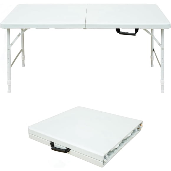 YUSAZENS Heavy Duty 4FT Folding Table, Portable Plastic Adjustable Waterproof with Handle 300lbs Capacity White