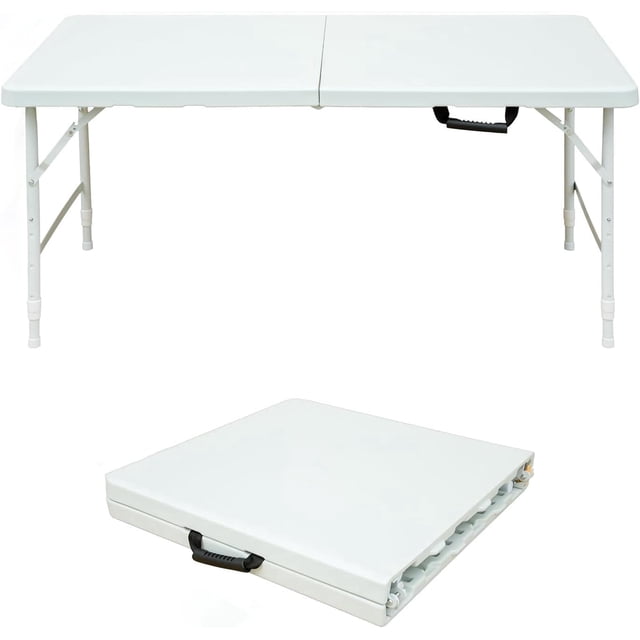 YUSAZENS Table Pliante Robuste de 4 Pi, Portable en Plastique Réglable Étanche avec Poignée Capacité de 300 Lb Blanc